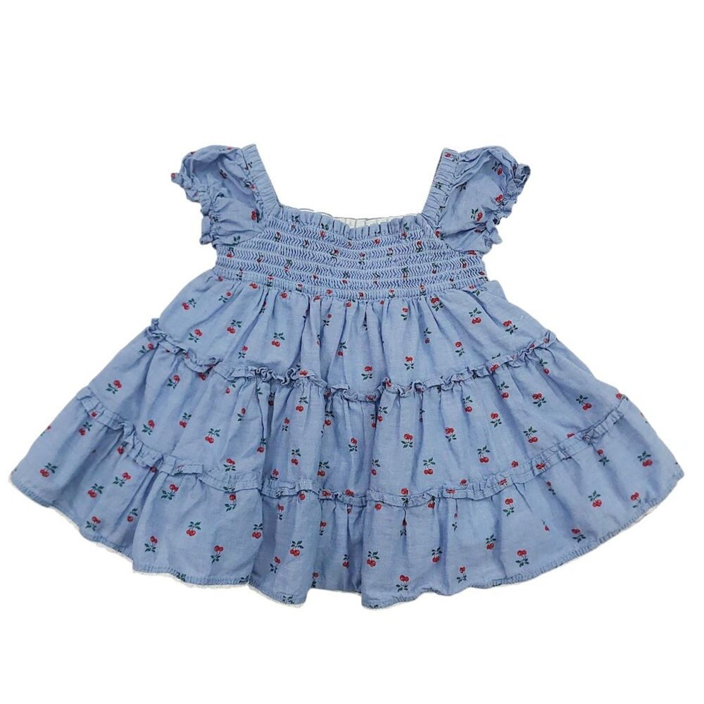 Janie Jack Girls 0-3M Blue Cotton Cherry Floral Tiered Dress Shirred Ruffle